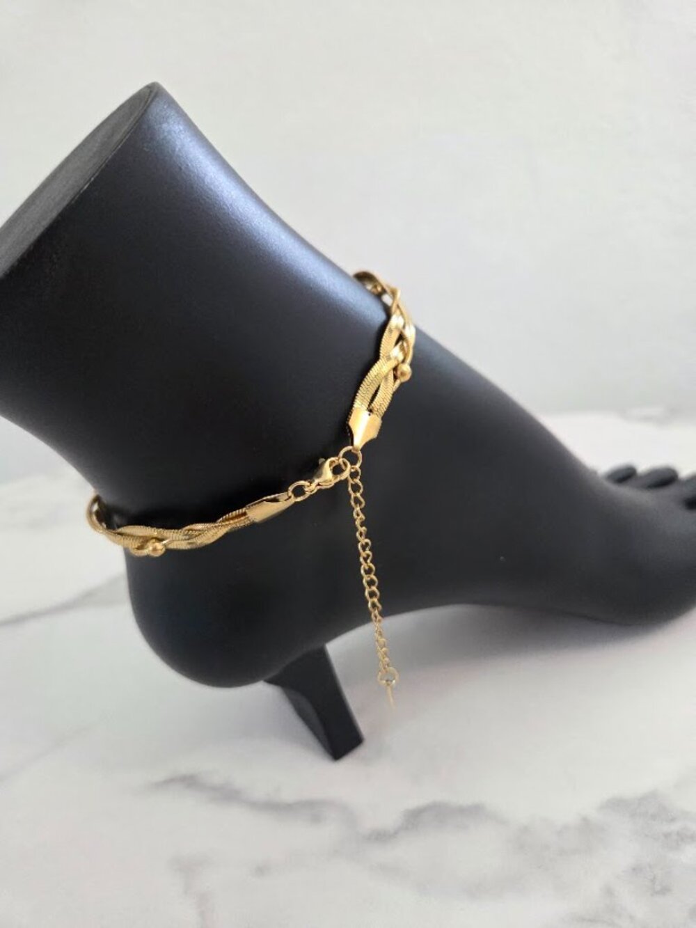 Vintage Gold Braided Herringbone Anklet Chevron Chain Anklet with Beads - Picture 7 of 12